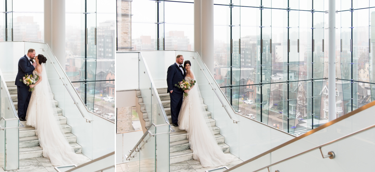 a photo of a bride and groom on the stairs of the Queen's Lantern with the windows behind them taken during their Museum of Nature Wedding Photos
