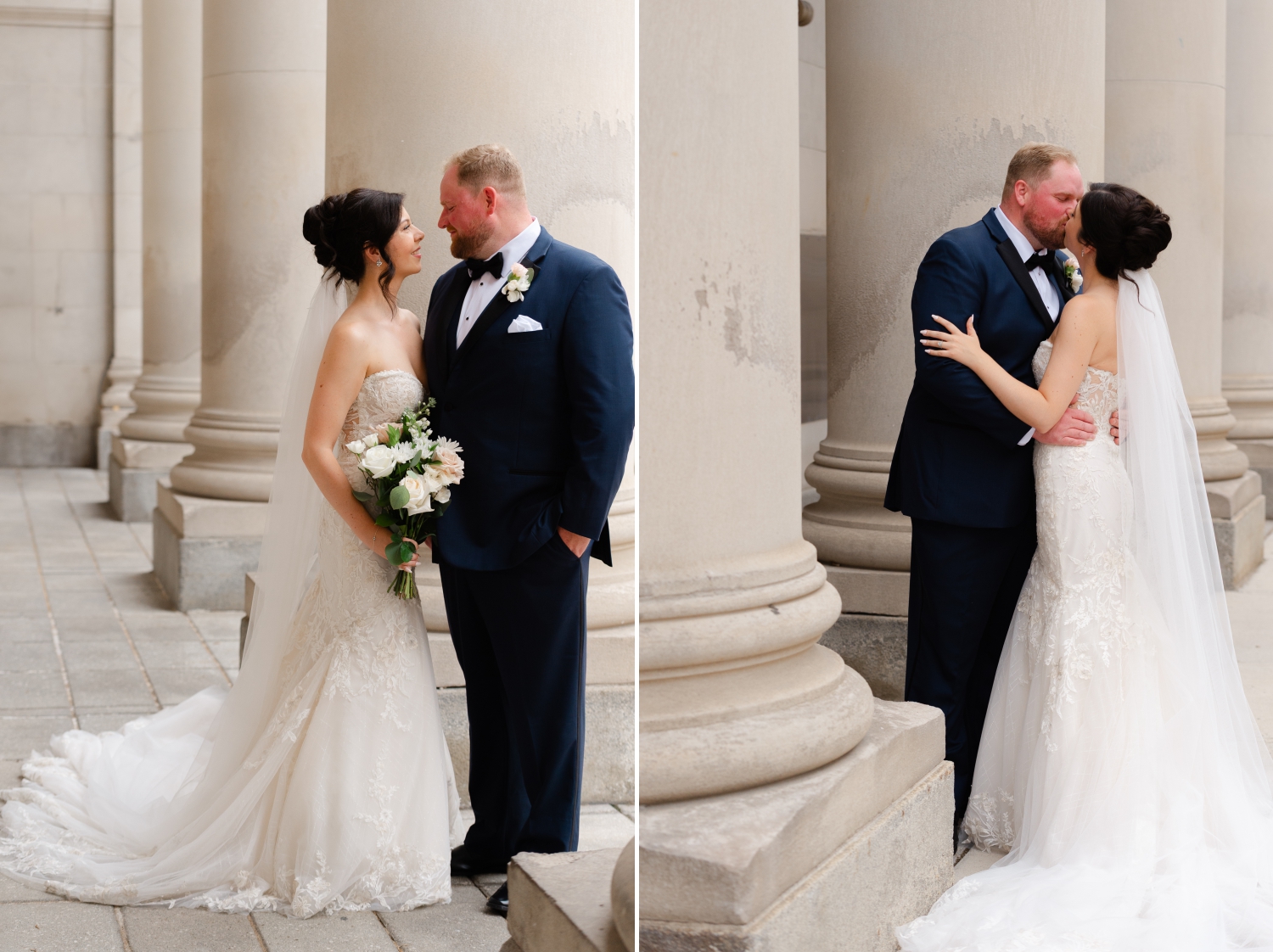 a photo of a bride and groom embracing and kissing amongst a backdrop of pillars on Sparks Street as part of their Museum of Nature Wedding Photos