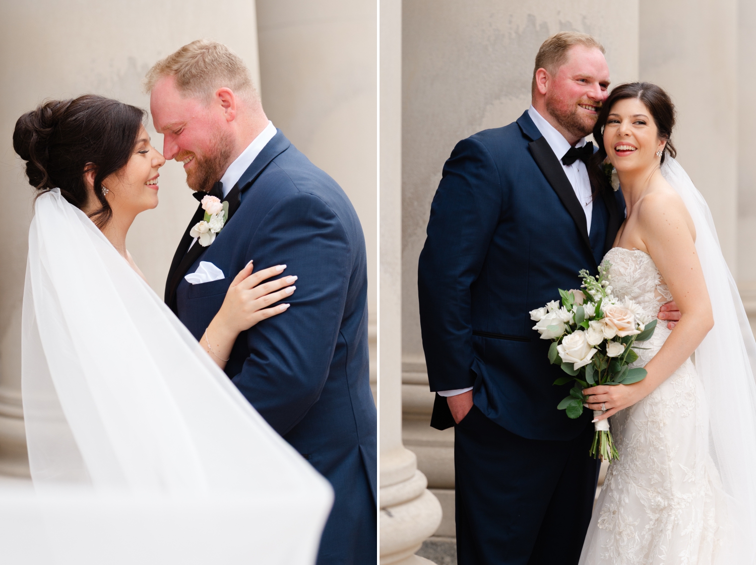 a photo of a bride and groom embracing and kissing amongst a backdrop of pillars on Sparks Street as part of their Museum of Nature Wedding Photos