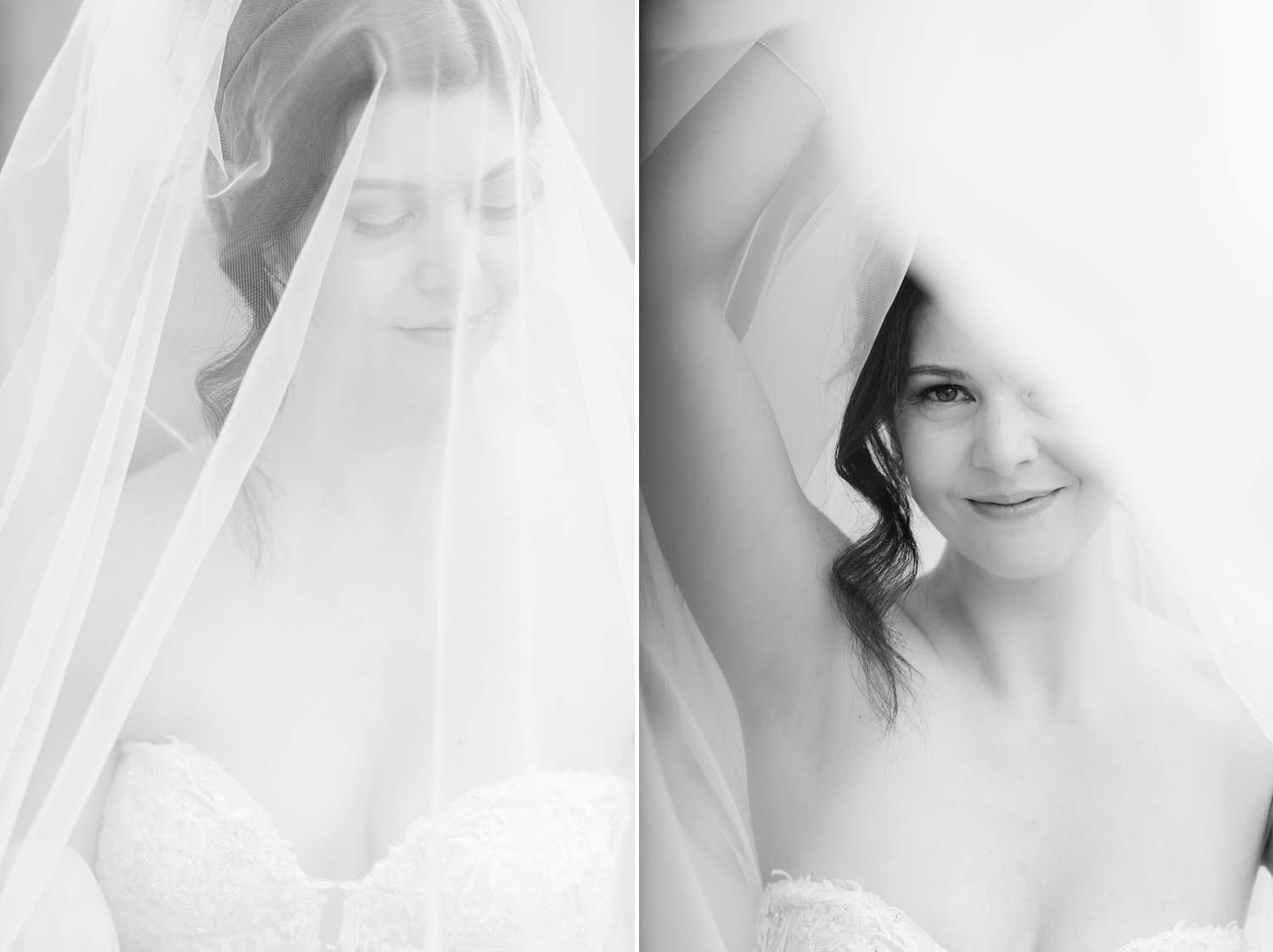 a black and white photo of a bride being playful under her veil. Captured by Ottawa wedding photographer JEMMAN Photography