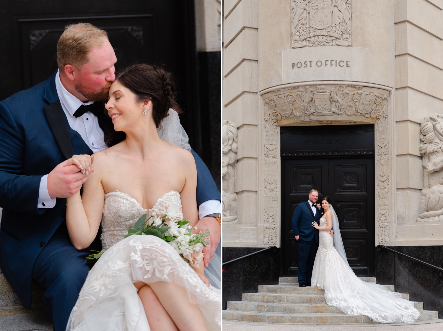 a bride and groom embracing on the steps of the post office in Ottawa as part of their Museum of Nature Wedding Photos