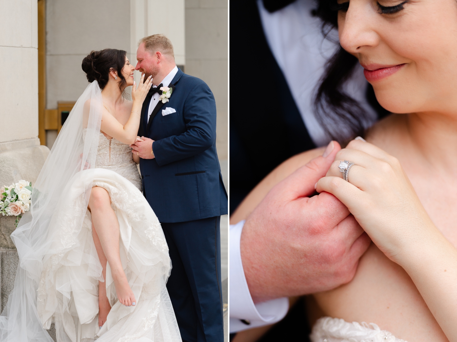 a bride and groom kissing and looking at their wedding bands. Captured by Ottawa wedding photographer JEMMAN Photography