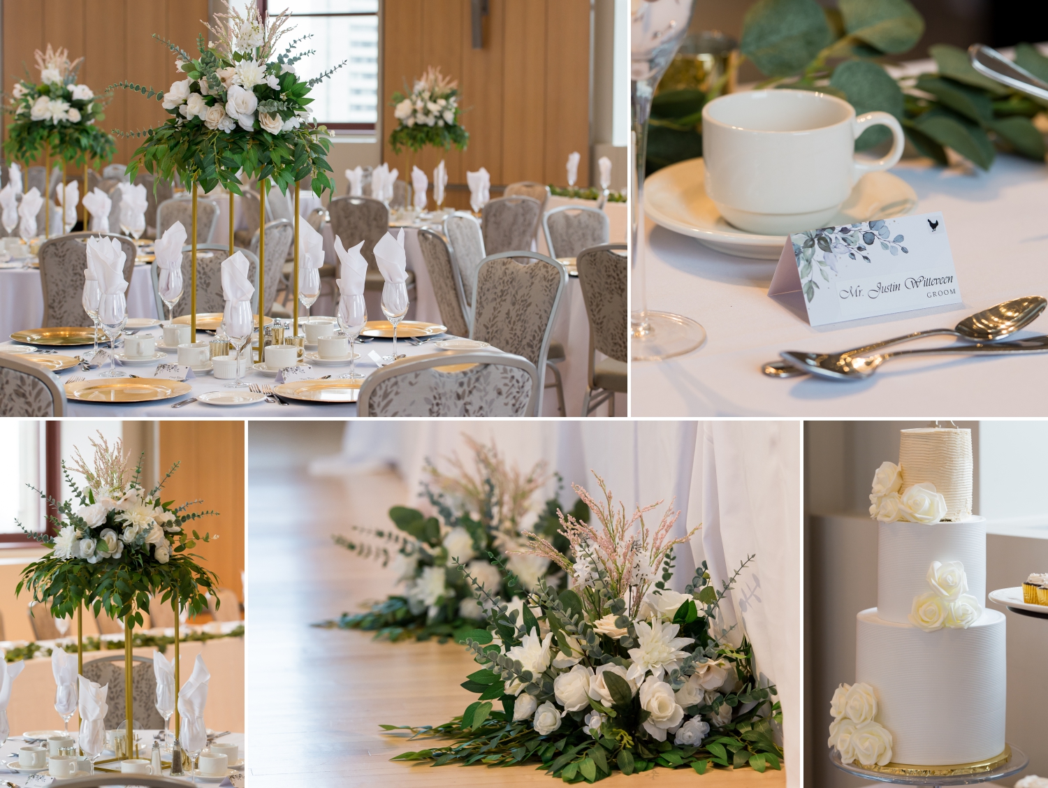 a collage of photos showing the decor and setup of the reception space for a Canadian Museum of Nature Wedding