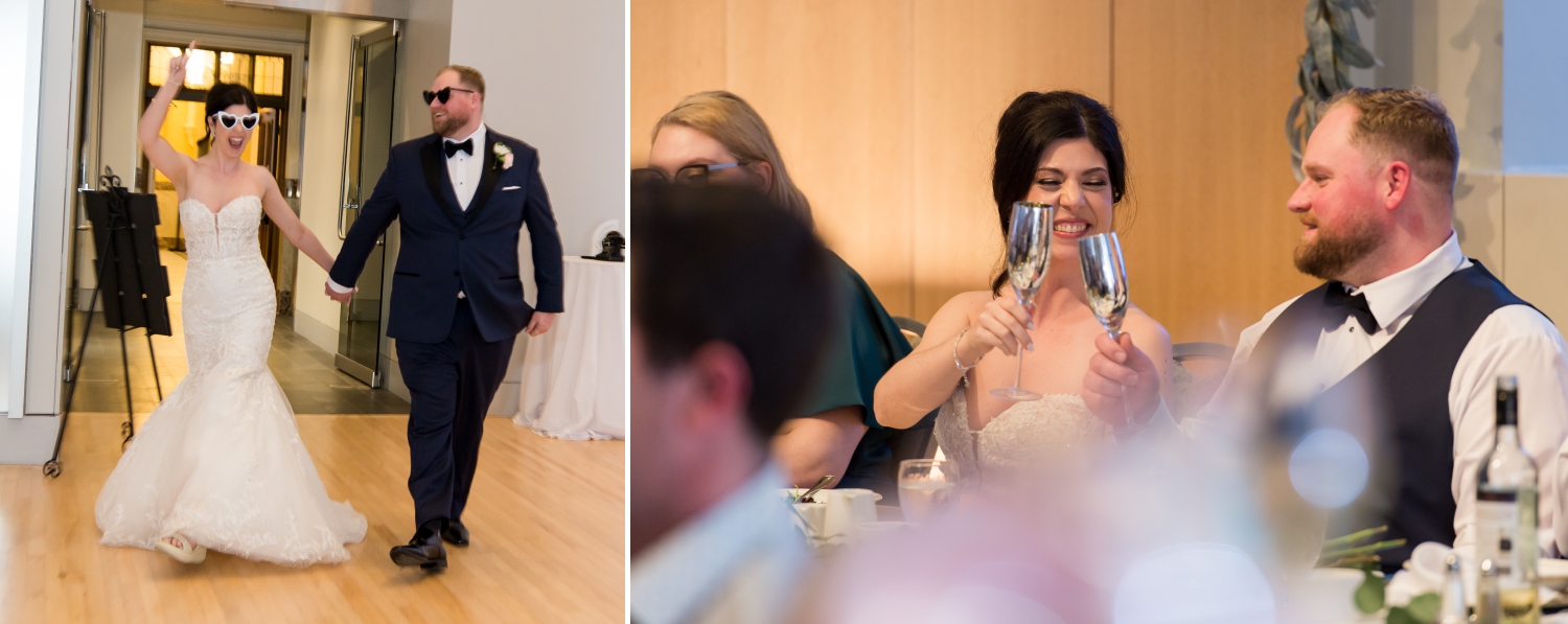 a bride and groom wearing heart sunglasses enter their reception at their Canadian Museum of Nature Wedding