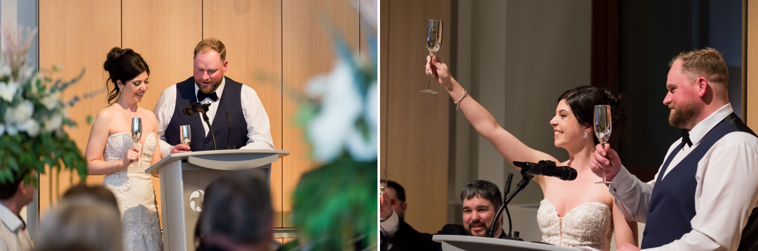 Museum of Nature Wedding Photography showing a bride and groom making a toast and cheering their guests with their glasses