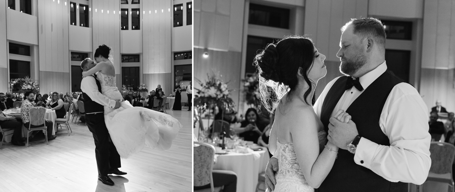 Museum of Nature Wedding Photography showing a black and white photo of a bride and groom's first dance during their reception