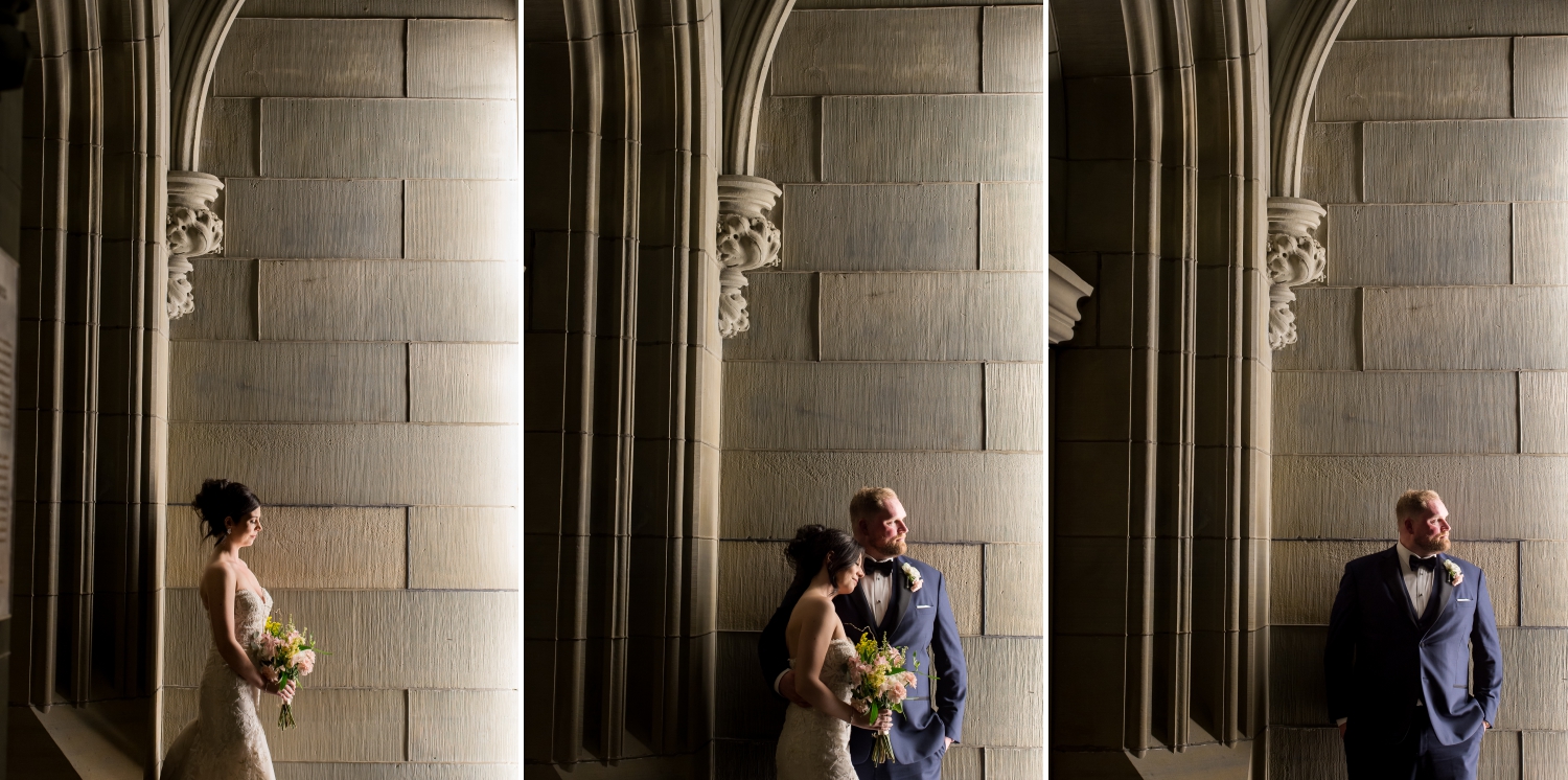 Museum of Nature Wedding Photos showing a dramatic collage of a bride and groom leaning against the wall of the museum lit by creative lighting