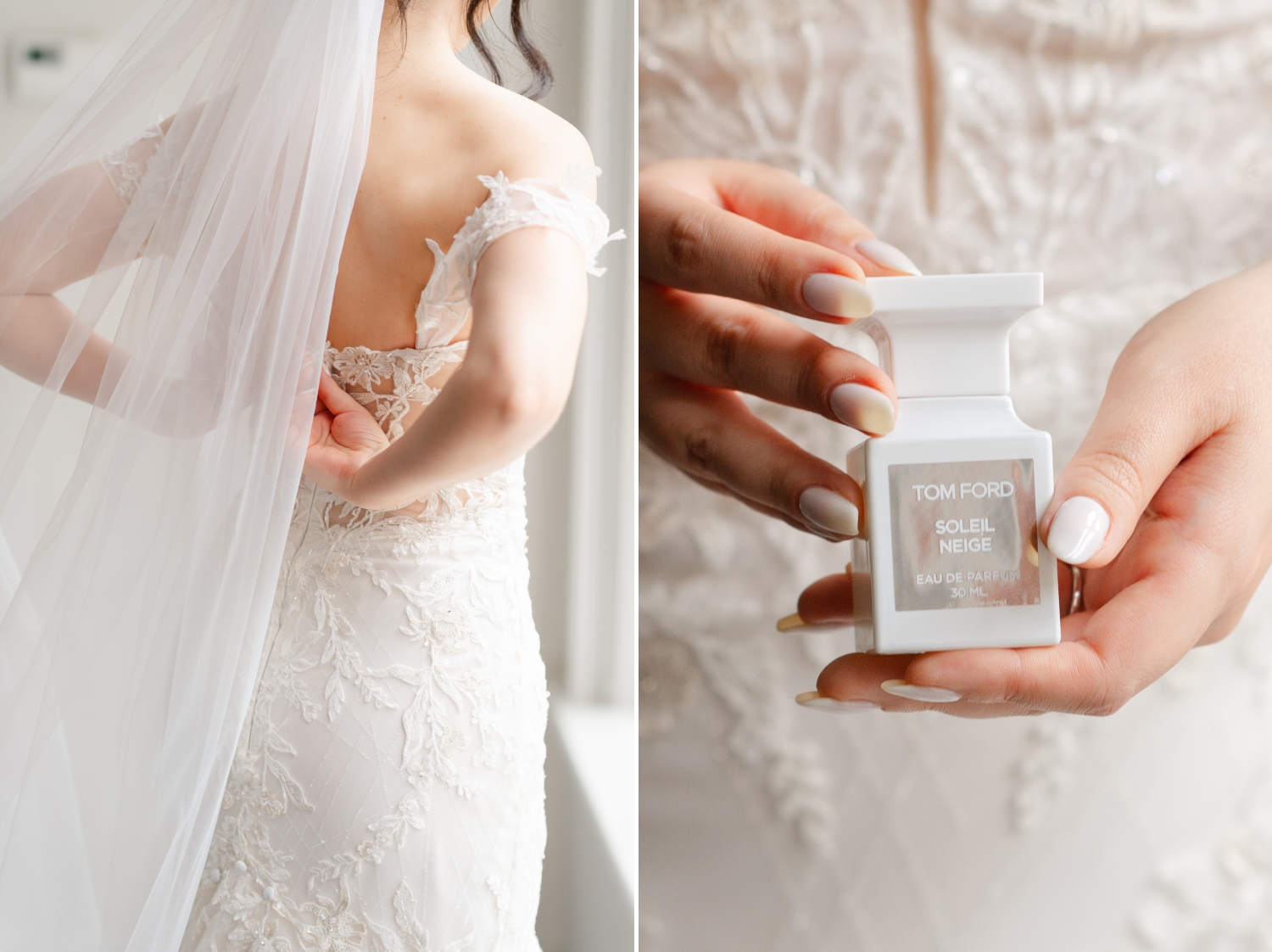a closeup photo of a bride buttoning the back of her gown and holding her Tom Form perfume bottle. Captured indoors at the Restays hotel by Ottawa wedding photographer JEMMAN Photography