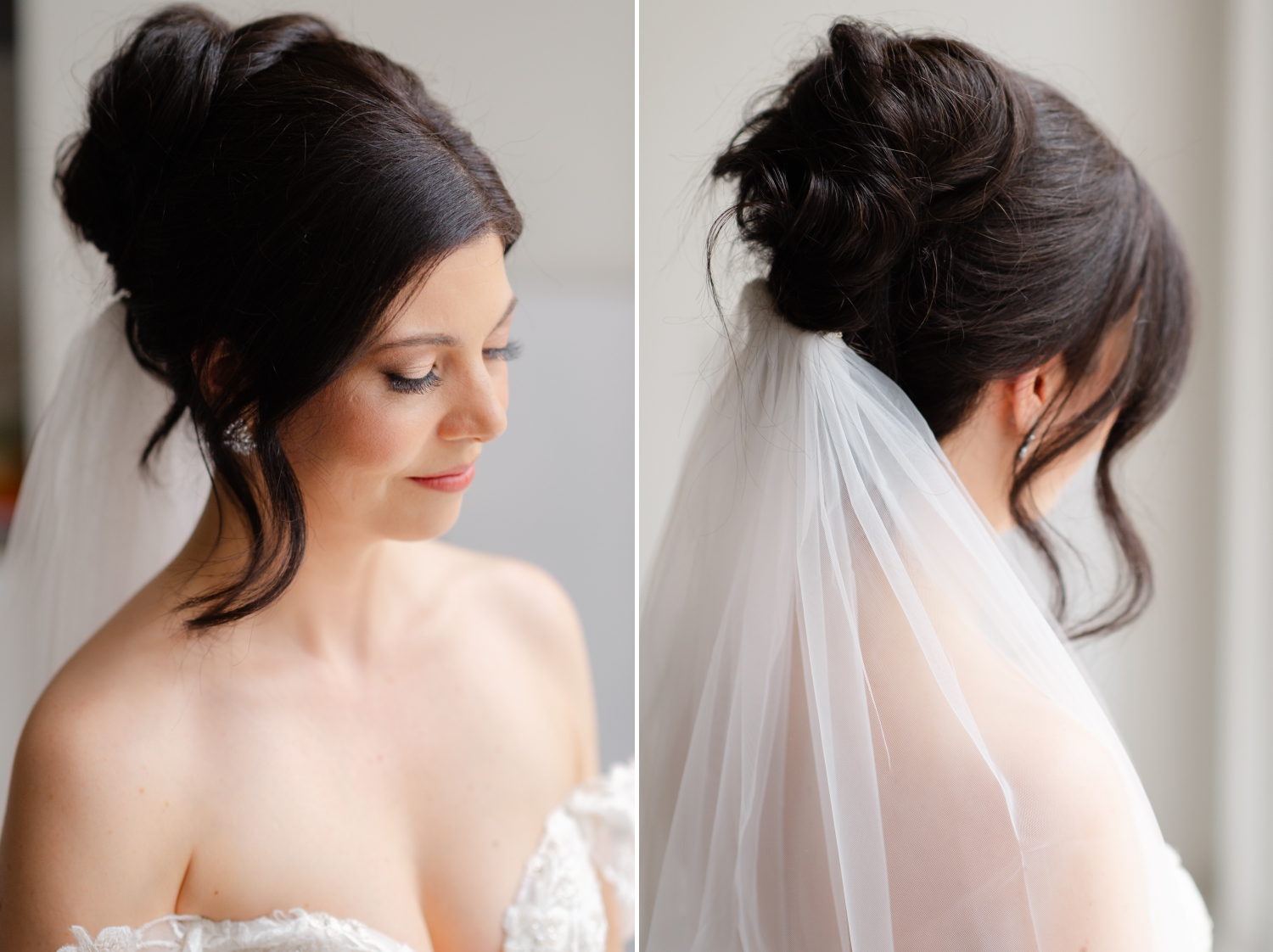 two photos showing a loose hair bun bridal updo with veil. Captured indoors at the Andaz hotel by Ottawa wedding photographer JEMMAN Photography