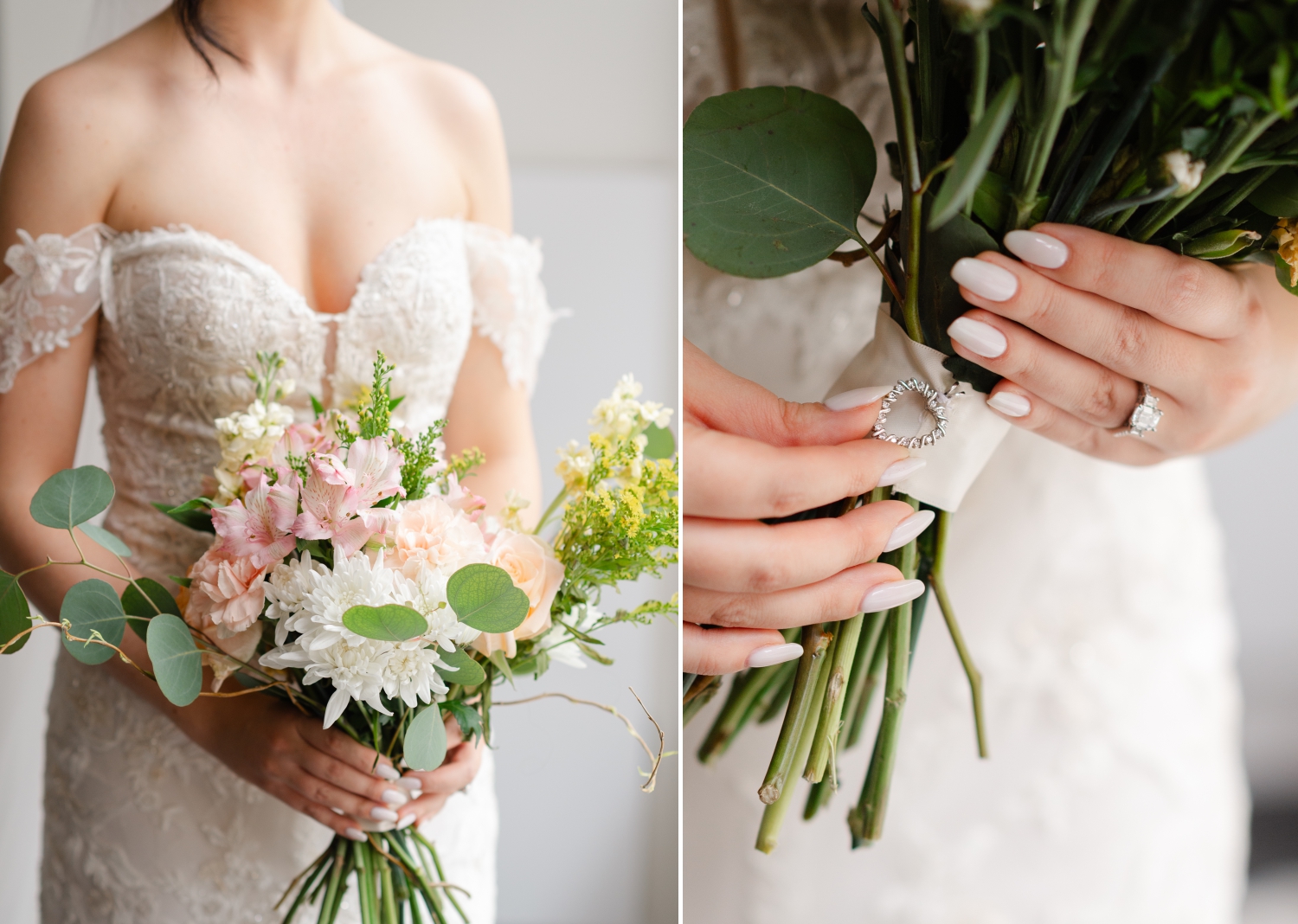 a bride holding her bouquet and touching the keepsake heart attached to the bouquet. Captured by Ottawa wedding photographer JEMMAN Photography