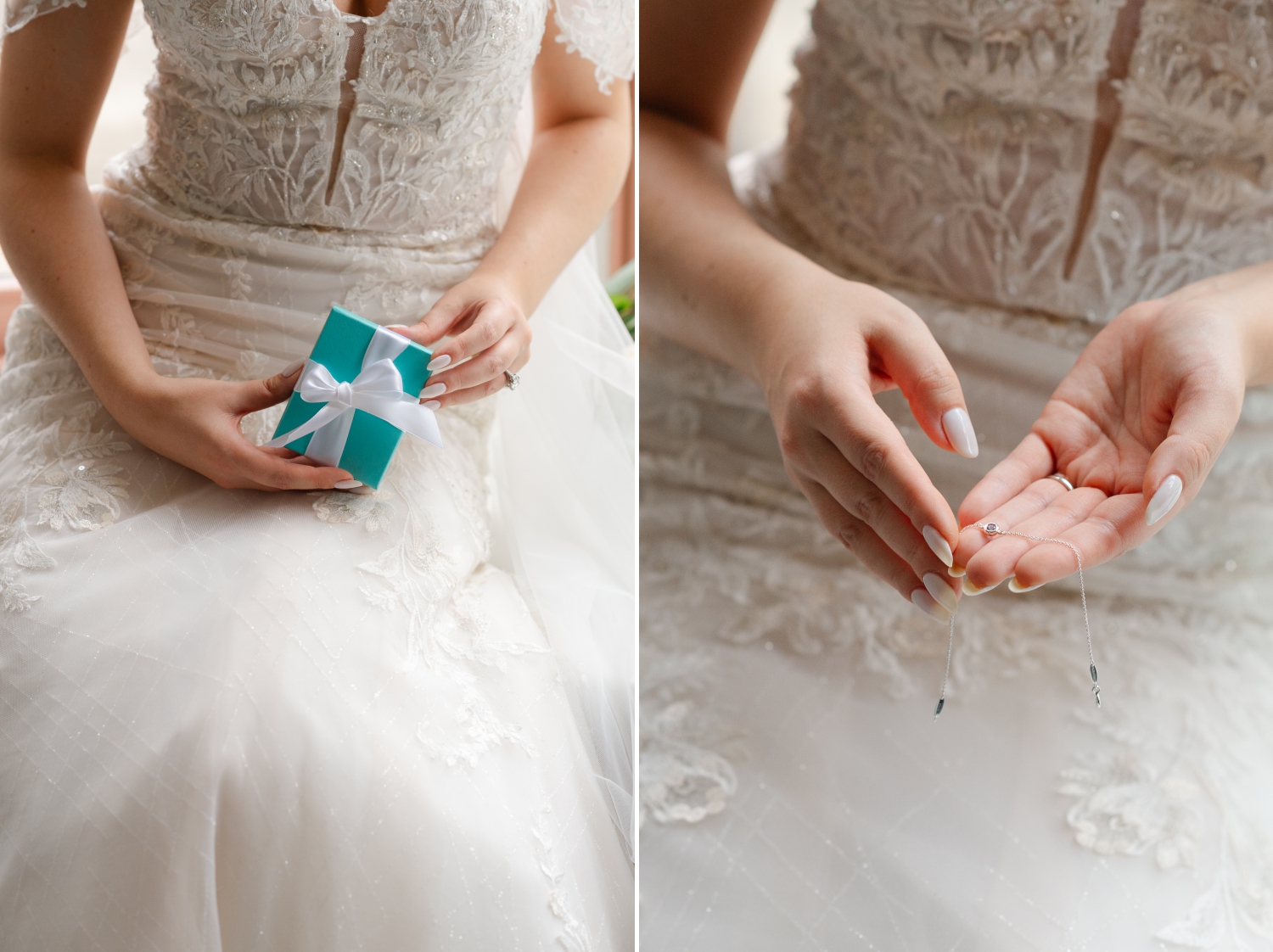 two photos showing a blue Tiffany box and a bride holding a bracelet gifted by her groom. Captured indoors at the Restays hotel by Ottawa wedding photographer JEMMAN Photography