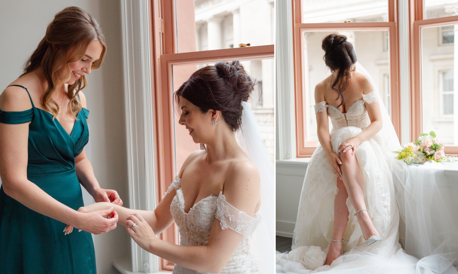 a bride putting on her bracelet and shoes in the bay window of the Restays Hotel as part of her Museum of Nature Wedding Photos