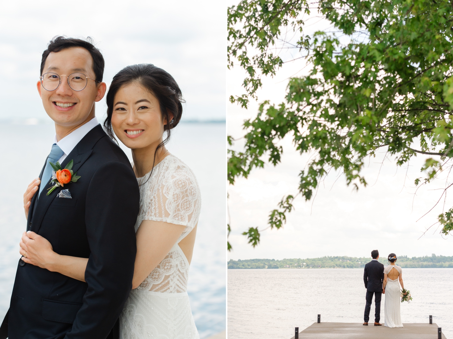 a bride hugging her groom from behind and standing beside him on the dock of their Ottawa backyard wedding
