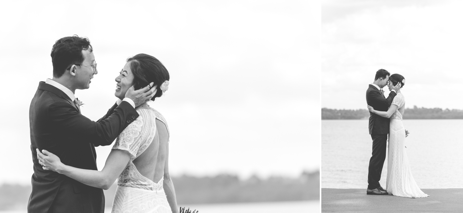 two black and white photos of a bride and groom laughing and embracing on a dock. Captured by JEMMAN Photography