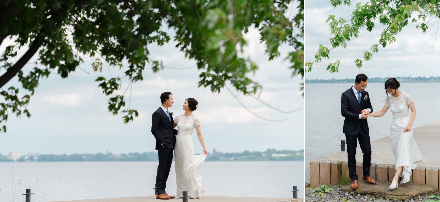a bride and groom stepping off the dock of their Ottawa backyard wedding property