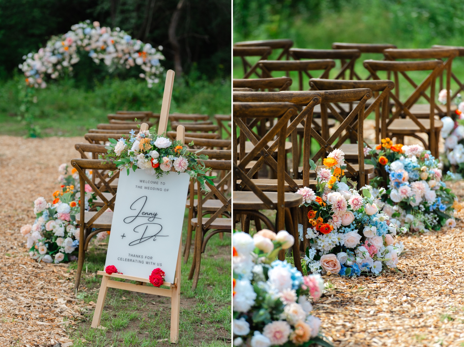 closeup photos of wedding decor showing blue, orange and pink florals lining the aisle