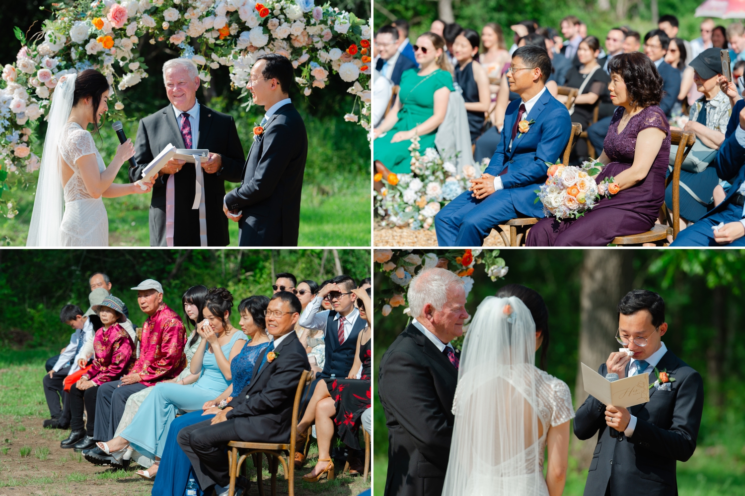 a collage of emotional moments (smiles and tears) during an Ottawa backyard wedding ceremony