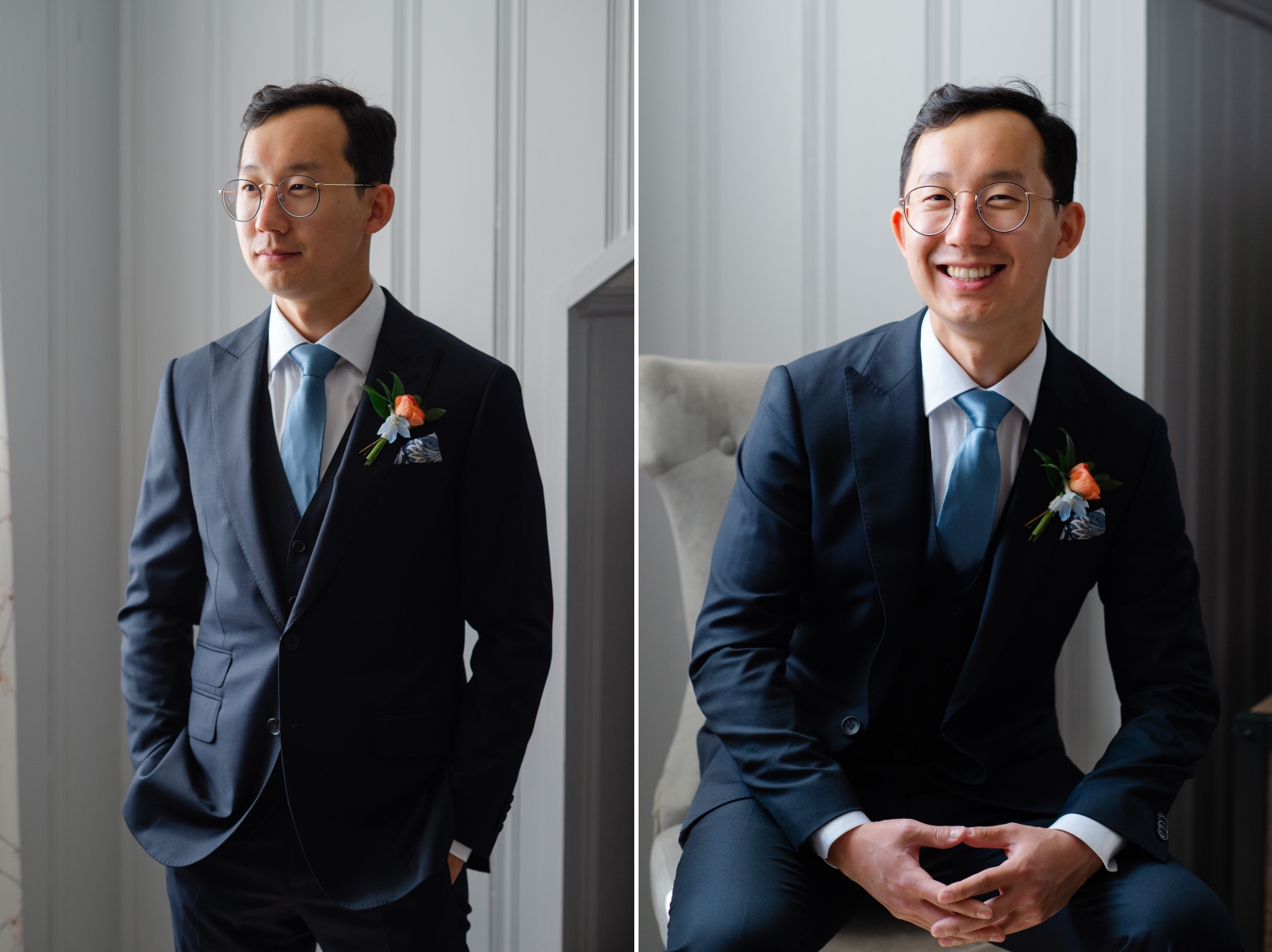 formal portraits of a groom in a blue suit and light blue tie. Taken as part of his Ottawa backyard wedding photography
