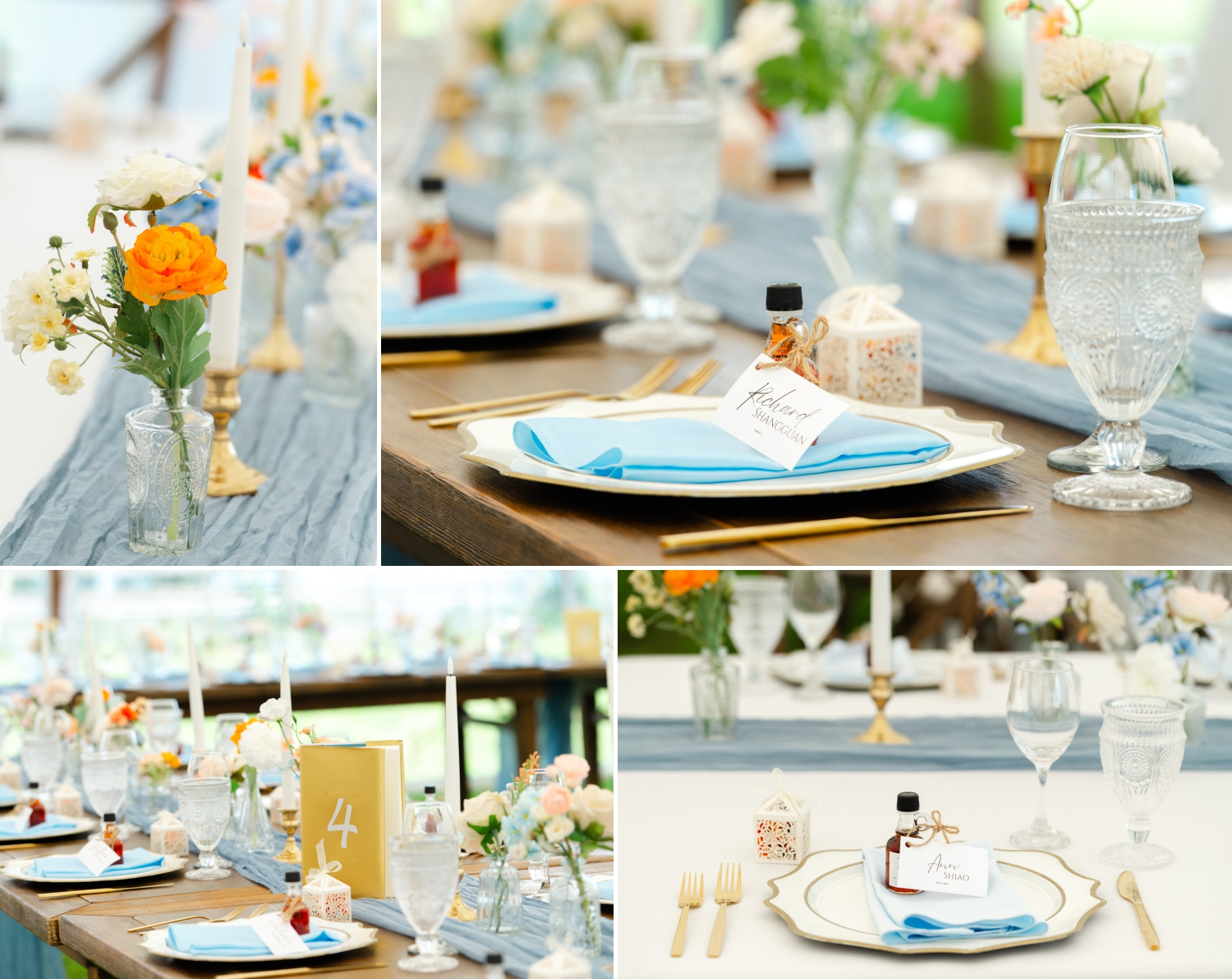 a collage of wedding reception decor in blues, orange and gold as part of an Ottawa backyard wedding