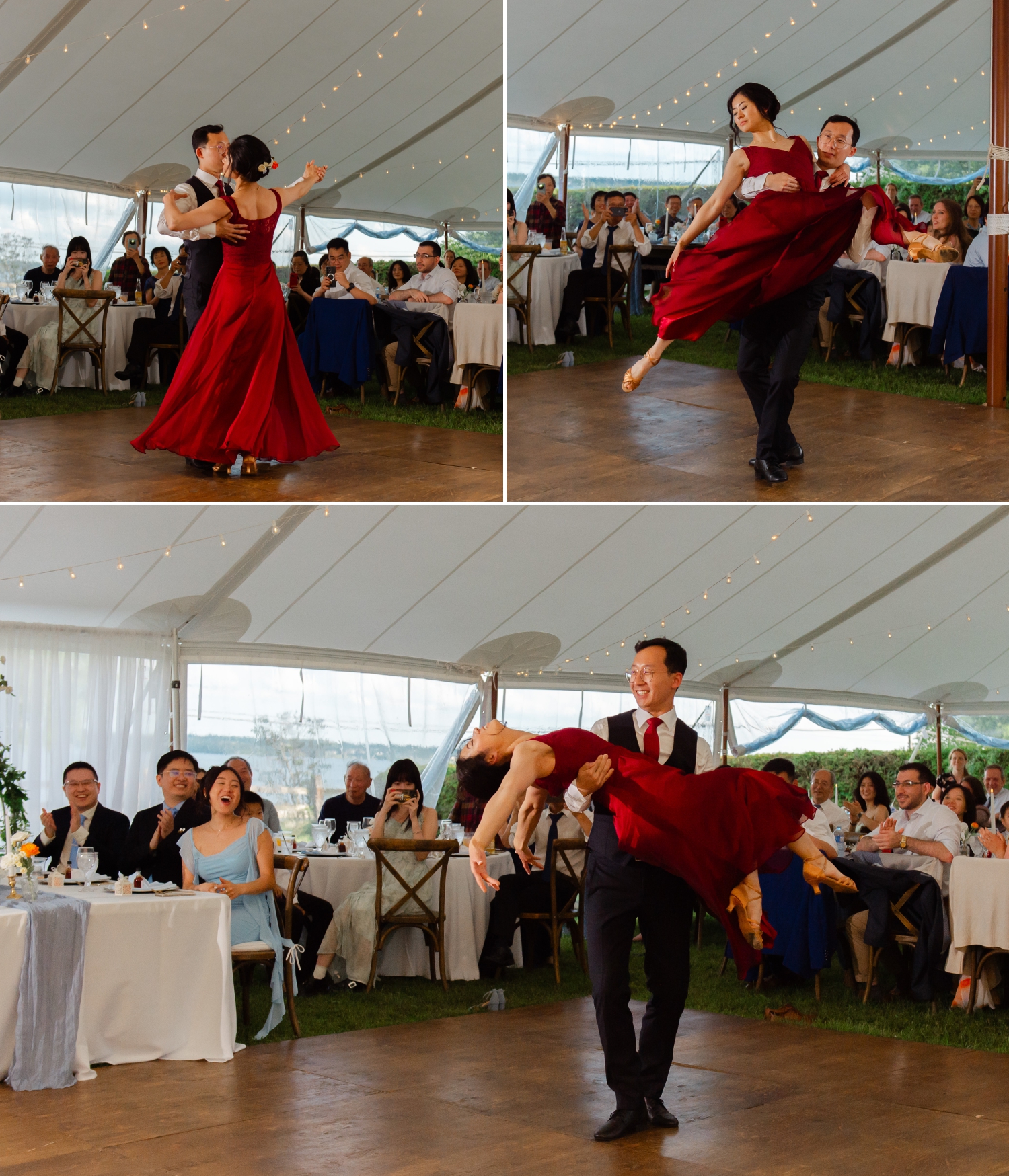 a collage of choreographed first dance moments of a bride in a red dress and groom in black suit. Captured by JEMMAN Photography
