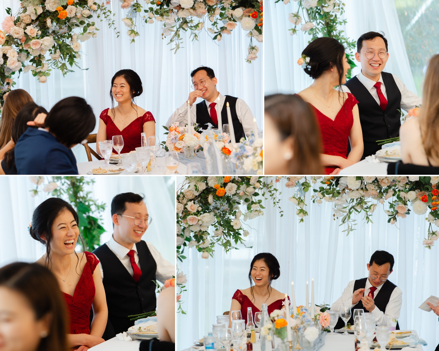 a collage of bride and groom joyous reactions during speeches as part of their Ottawa backyard wedding