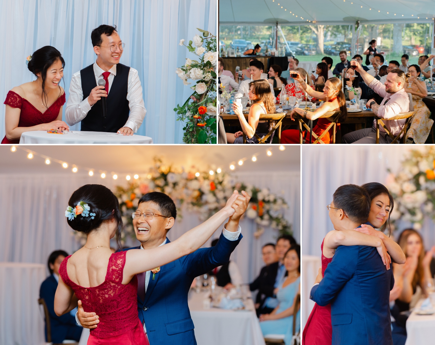 a collage of reception moments during an Ottawa backyard wedding showing a bride and groom toast, guest reactions and a father-daughter dance