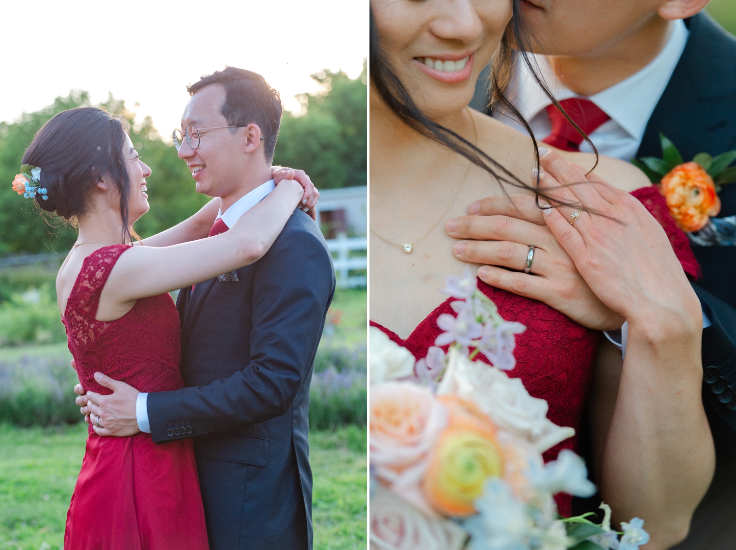 a bride in a red dress embracing her groom and showing a closeup photo of their wedding bands during their Ottawa backyard wedding photography