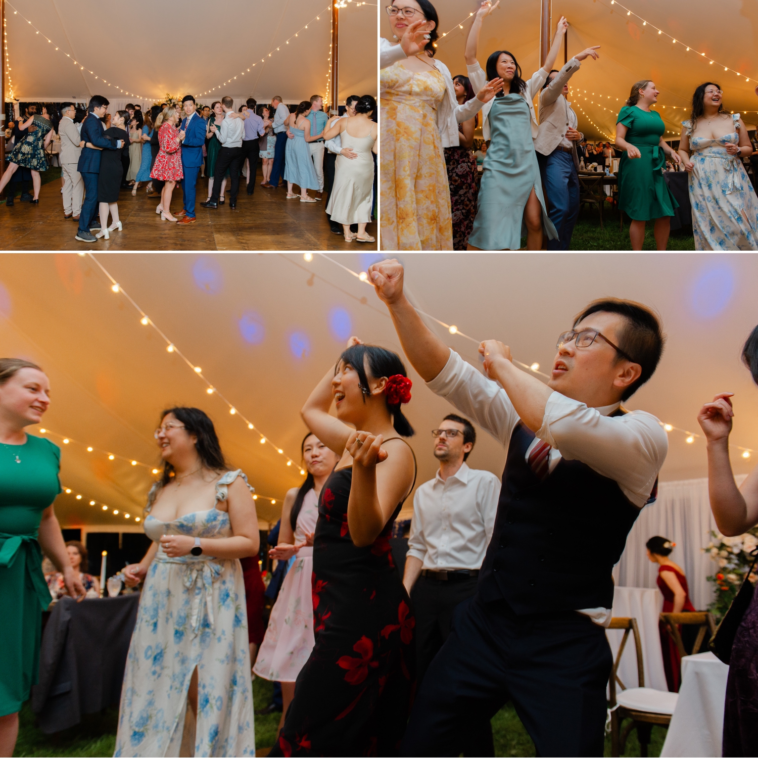 a collage of guests dancing and having fun during a tented wedding. Captured by JEMMAN Photography