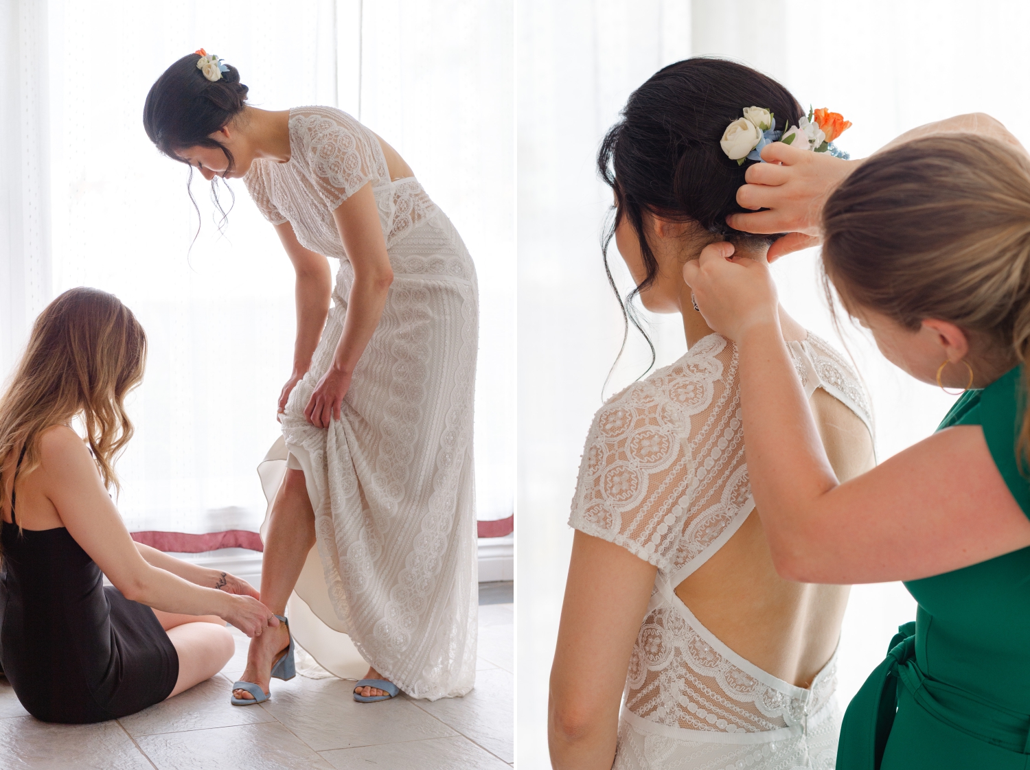 two friends help a bride fasten her shoes and fix her hair during her Ottawa backyard wedding