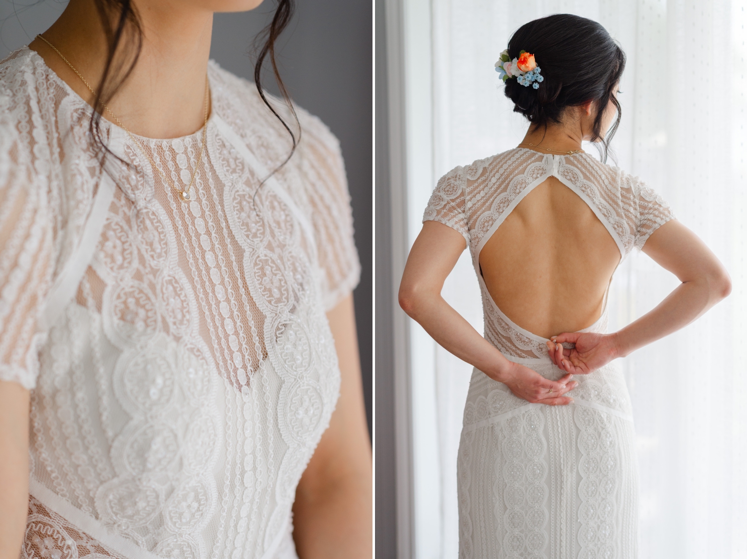 the front and back details of a bride's gown. Captured by JEMMAN Photography as part of an Ottawa backyard wedding