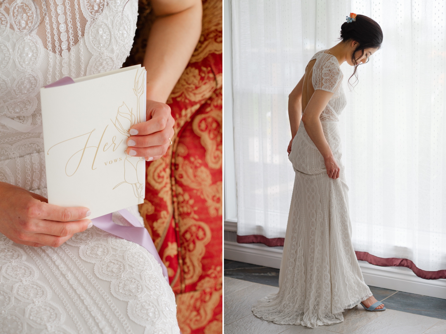 a closeup photo of a vow book and a bride looking down at her blue shoes