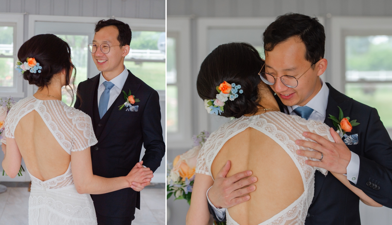 first look moments of a groom seeing his bride for the first time and giving her a hug. Captured by JEMMAN Photography