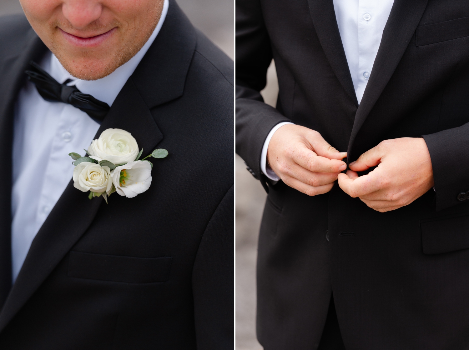 a groom's boutonniere and a closeup photo of him buttoning his jacket. Captured by JEMMAN Photography