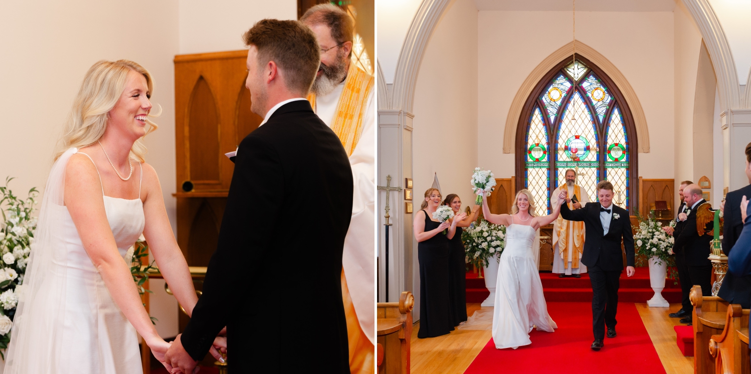 a bride and groom smiling and laughing at the end of their church ceremony and waving their arms up in the air as the walk out. Captured by Ottawa wedding photographer JEMMAN Photography