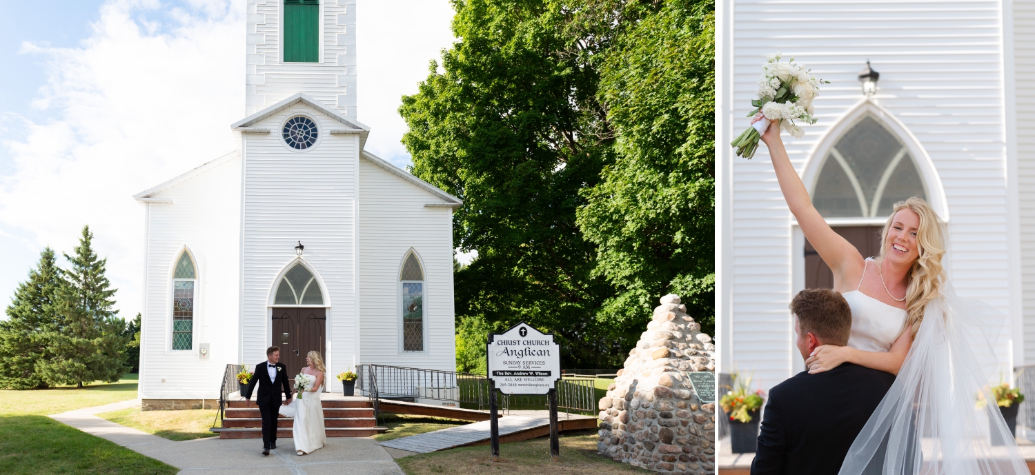 a bride and groom walking away happily from the church they got married in as part of their Ottawa tented wedding