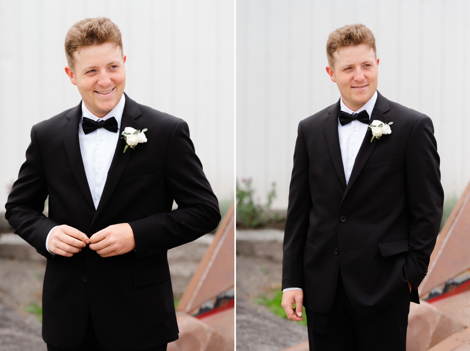 a classic photo of a groom in a black tux buttoning his suite and smiling. Captured by Ottawa wedding photographer JEMMAN Photography