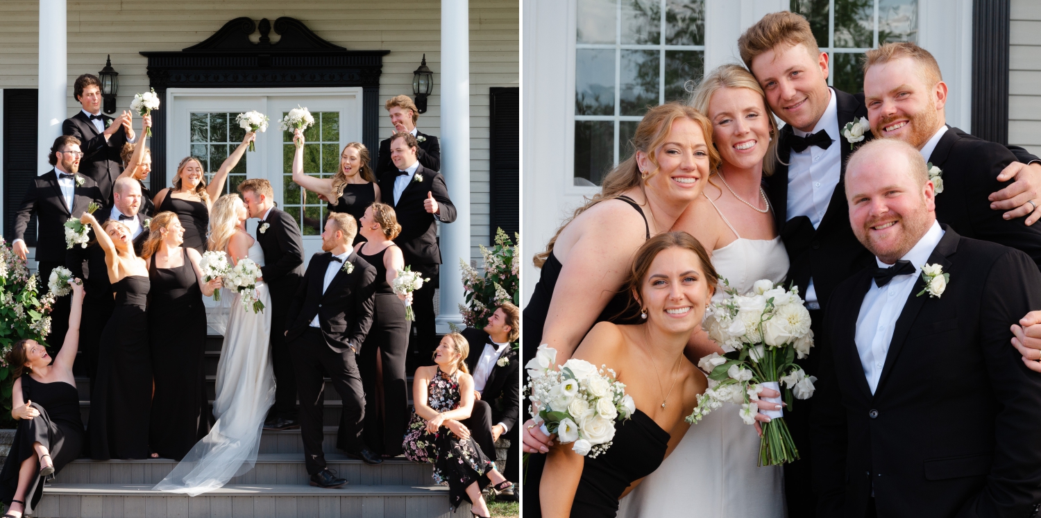 a wedding party dressed in black cheering on a bride and groom as they kiss on the porch of their Ottawa tented wedding venue
