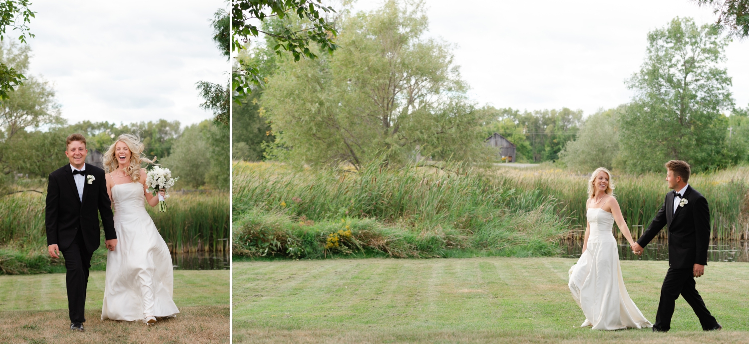 a bride and groom walking hand in hand on the property where they hosted their Ottawa tented wedding
