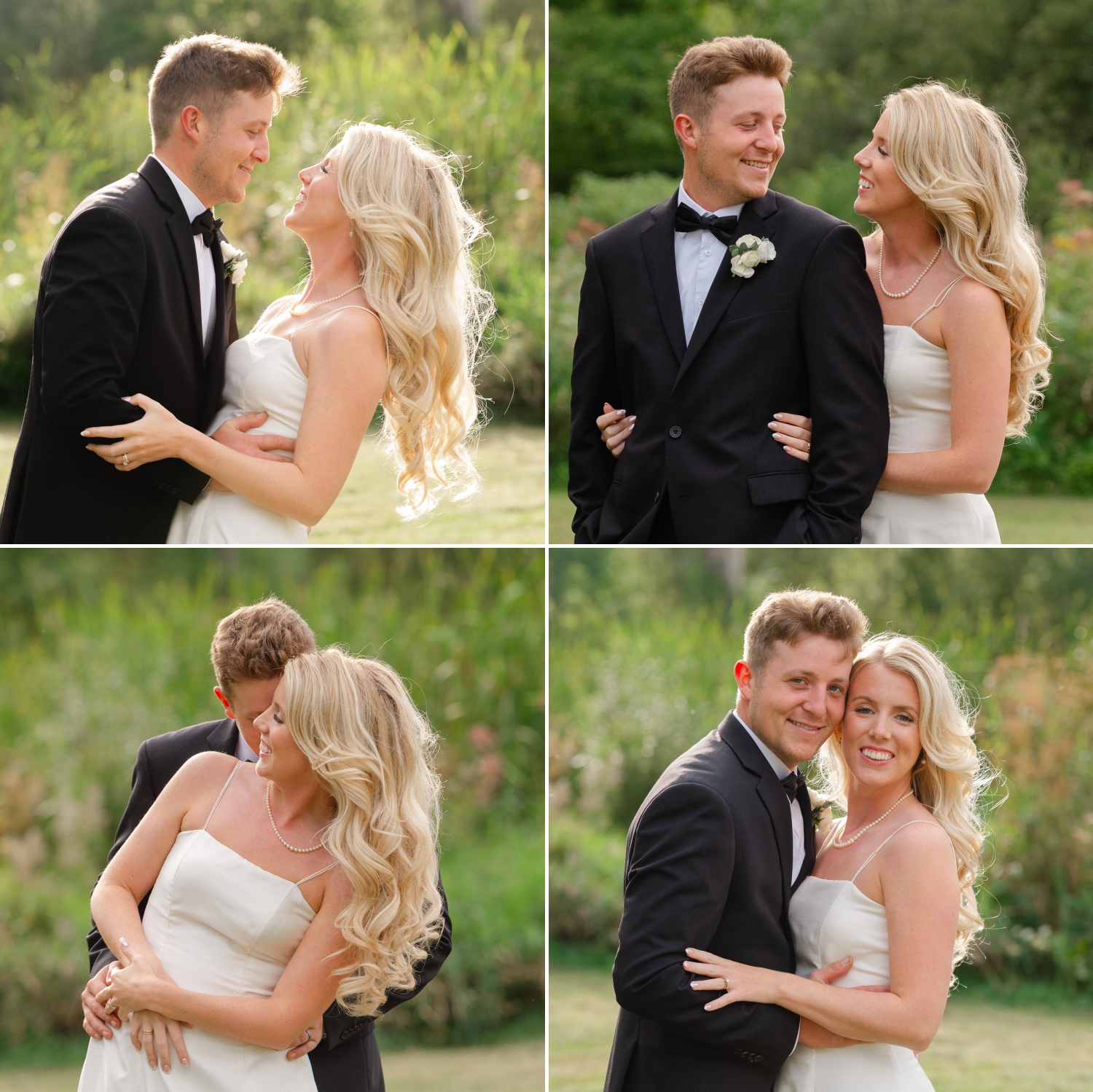 a collage of photos showing a bride and groom smiling and laughing and embracing as part of their Ottawa tented wedding
