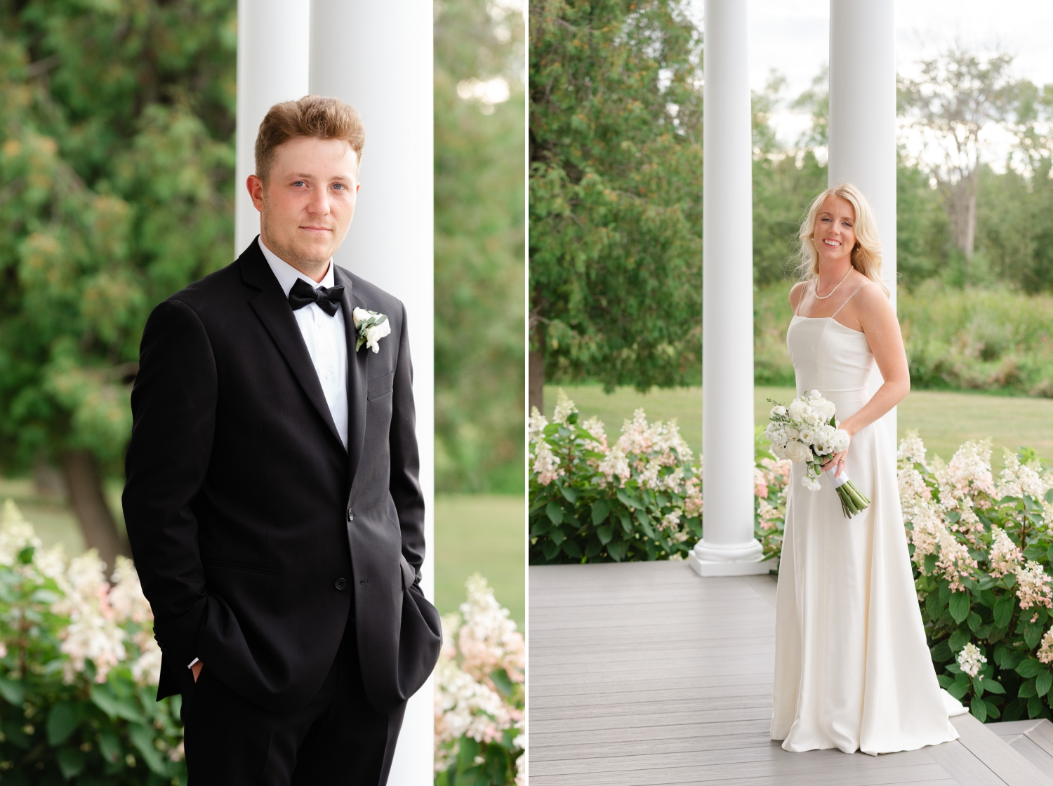 classic photos of a groom in a black tuxedo and a bride in a white gown on a porch with pillars. Captured by Ottawa wedding photographer JEMMAN Photography