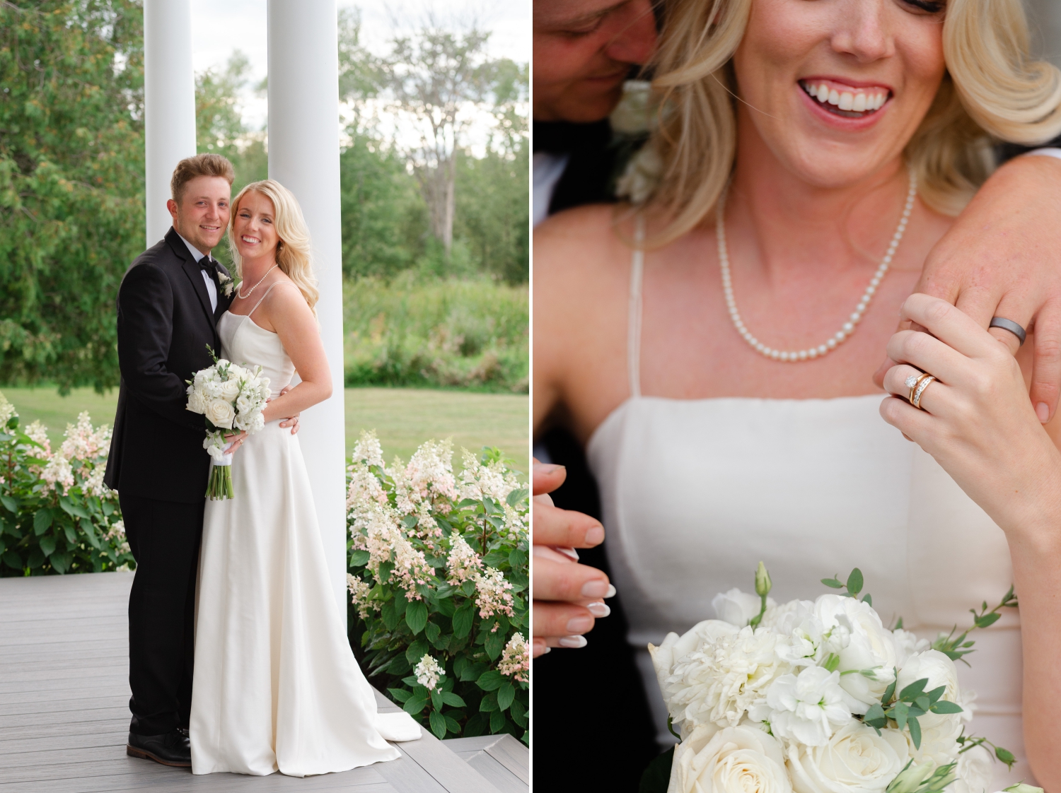 a classic photo of a bride and groom on a white pillared porch and a closeup of their wedding rings. Captured by JEMMAN Photography as part of the couple's Ottawa tented wedding photos