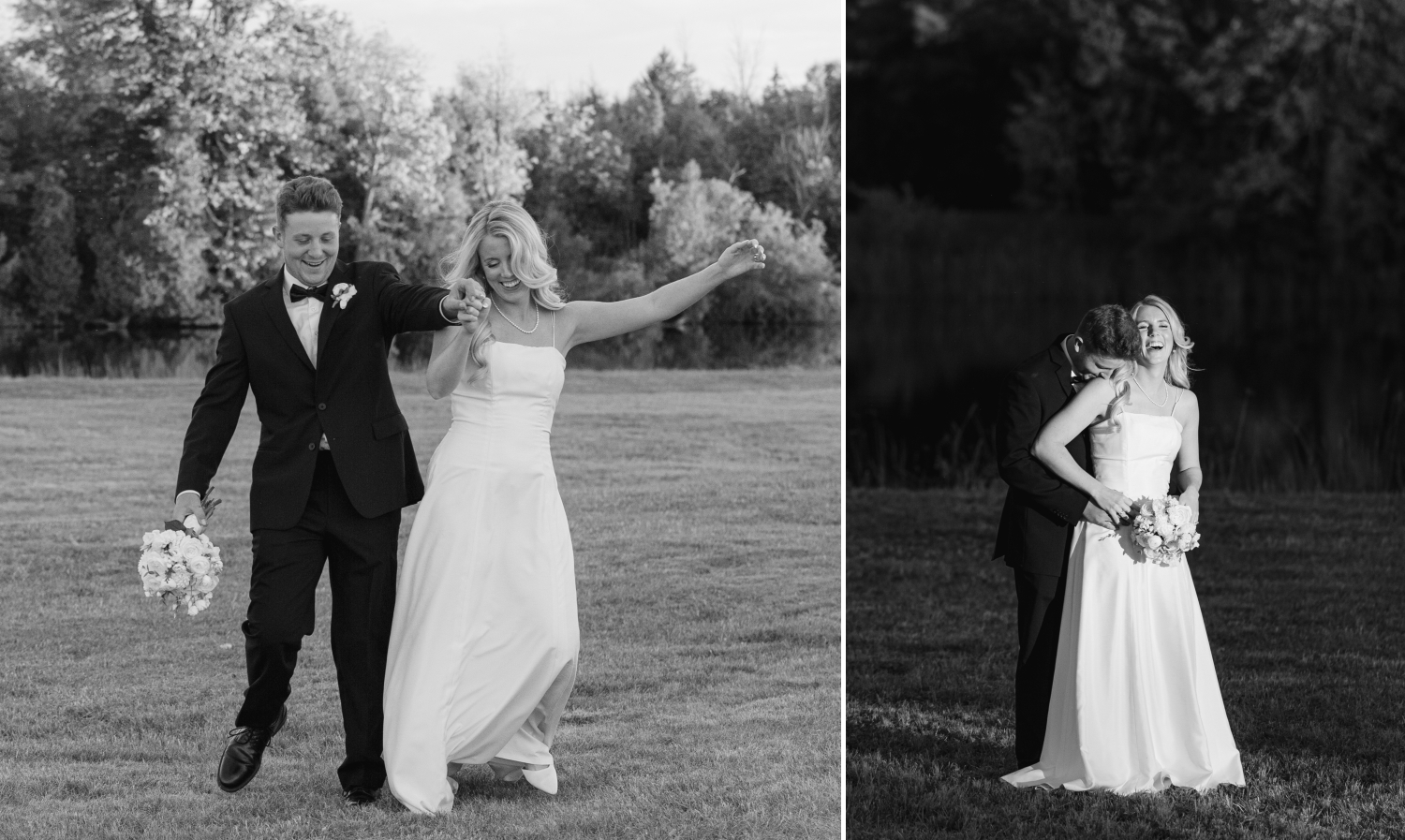 black and white photos of a bride and groom bumping hips and kissing as part of their Ottawa tented wedding photos