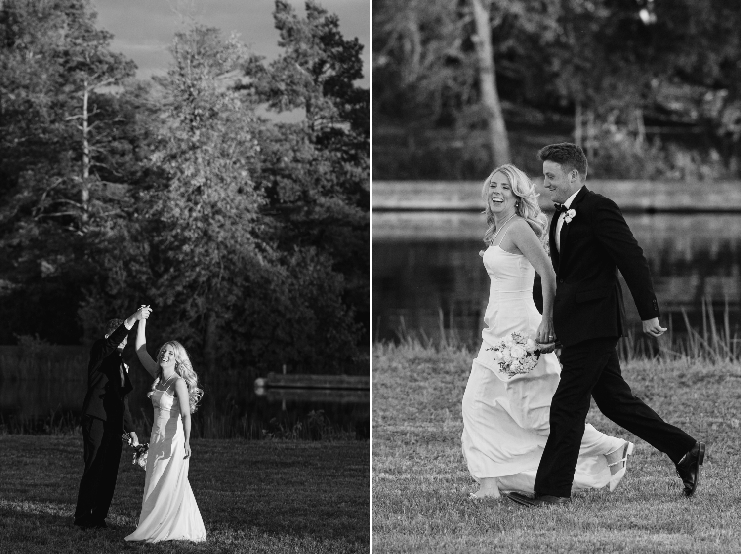 two black and white photos of a bride and groom running and twirling. Captured by Ottawa wedding photographer JEMMAN Photography