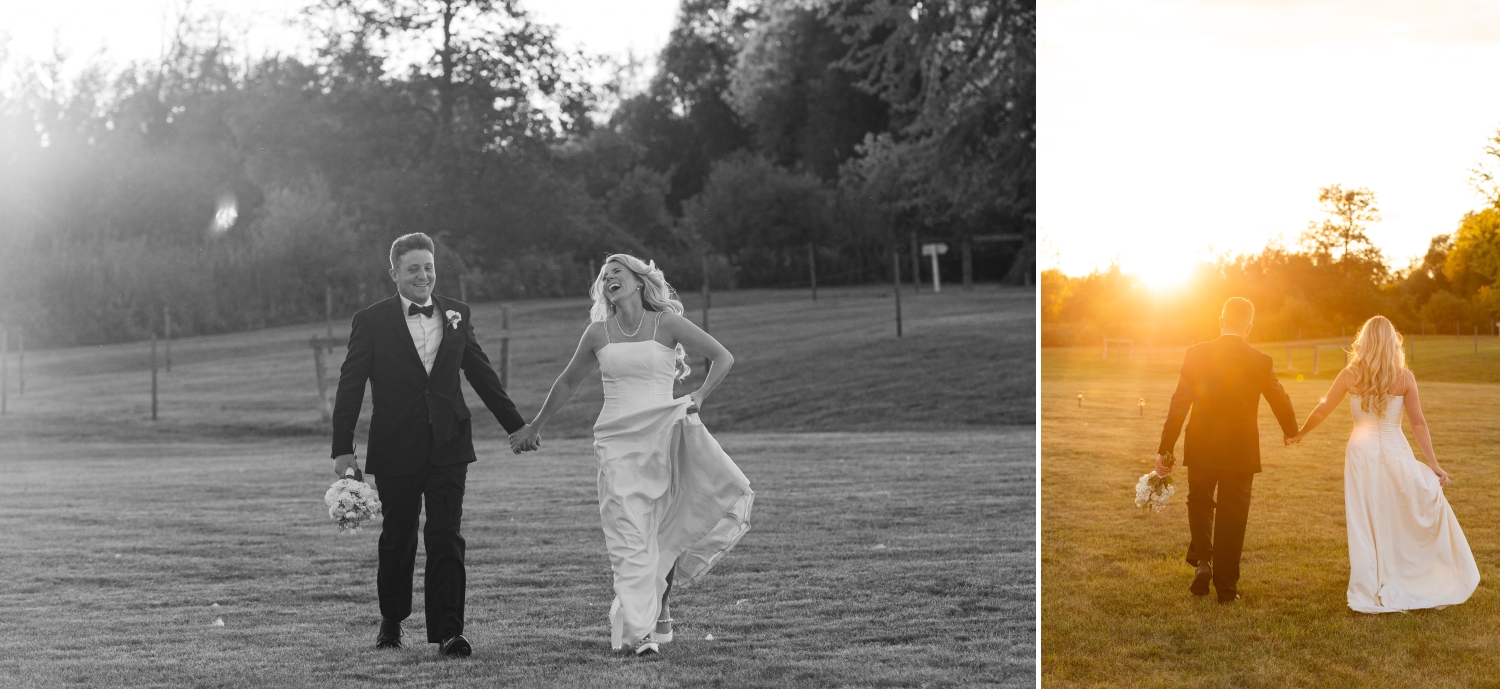 golden hour photos of a bride and groom walking hand in hand at sunset and laughing in the field of their Ottawa tented wedding venue