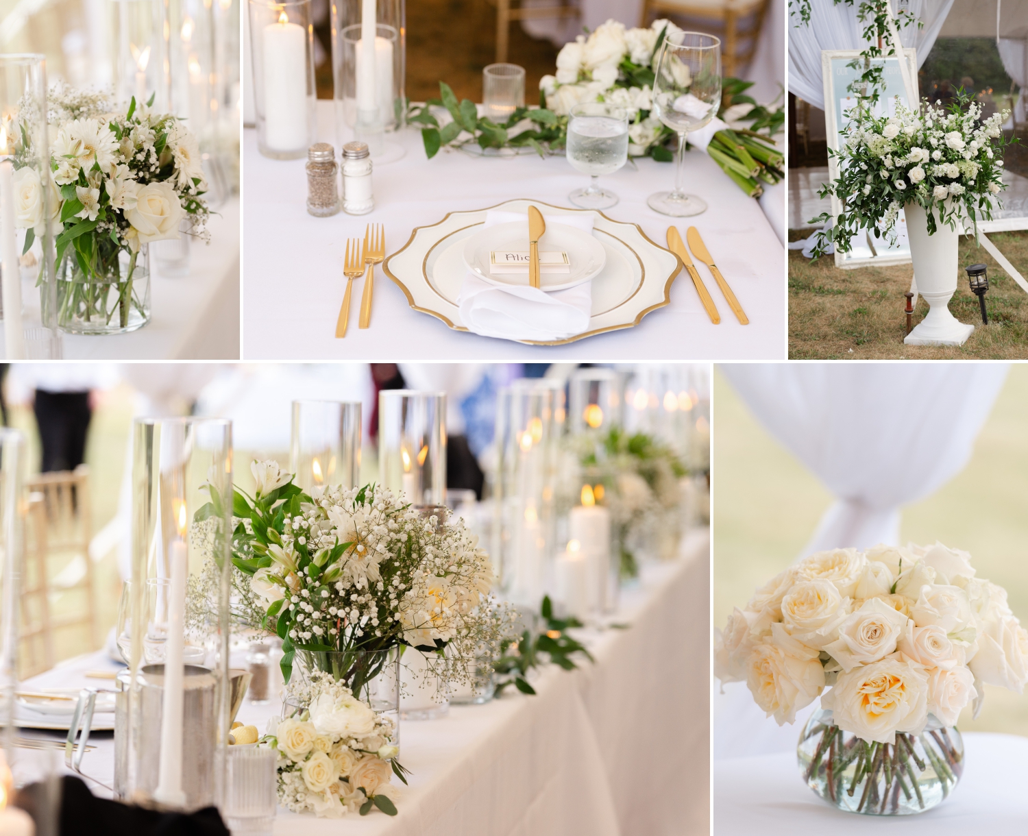 detail photos of place settings and white floral decor. Captured by Ottawa wedding photographer JEMMAN Photography