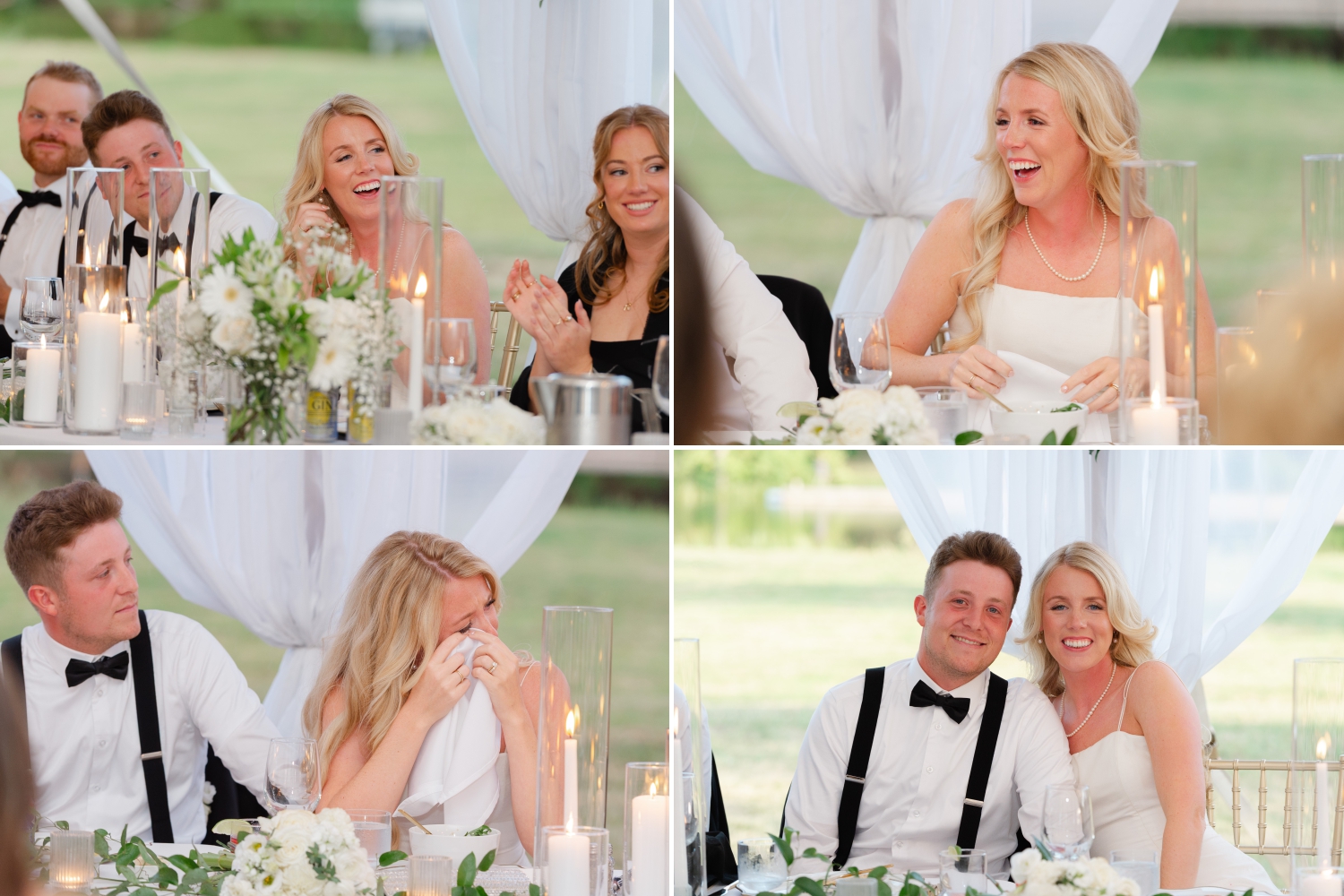 a bride and groom sharing laughter and tears during speeches their guests gave them during their Ottawa tented wedding reception