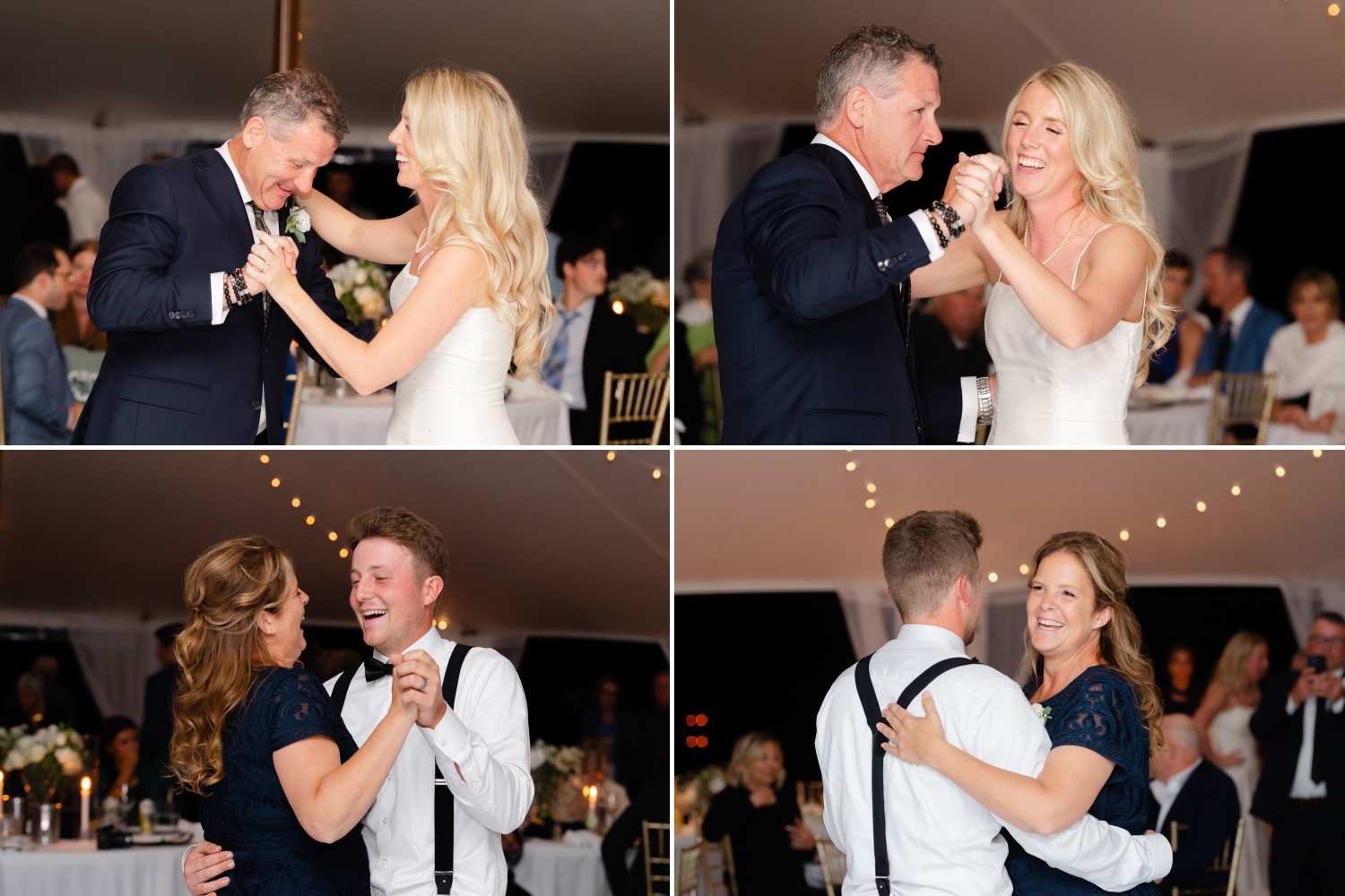 candid laughing and smiling moments of a bride and groom dancing dancing with their parents during their Ottawa tented wedding reception