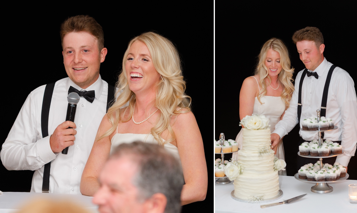 two photos of a bride and groom cutting their cake and thanking their guests for attending. Captured by Ottawa wedding photographer JEMMAN Photography