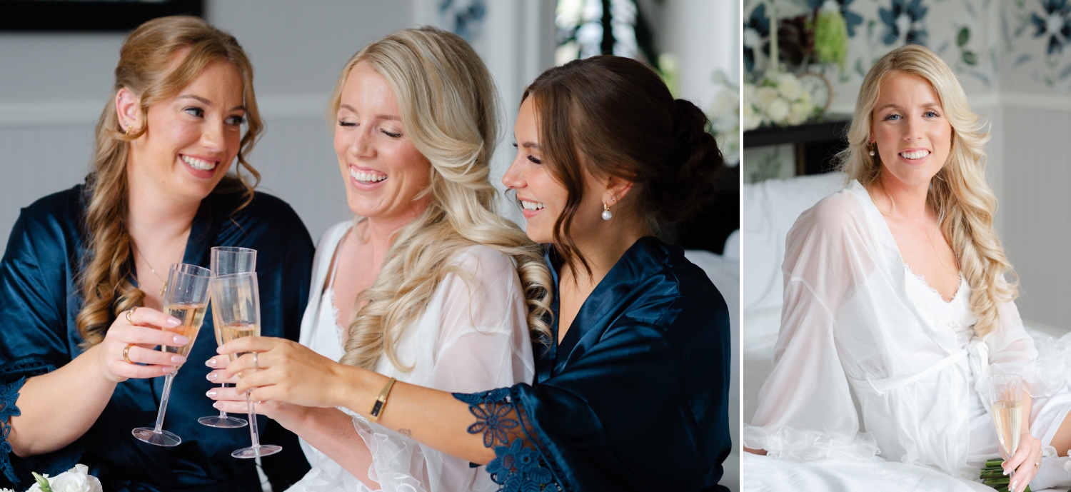 a bride and bridesmaids in robes clinking champagne glasses as they get ready at Maple and Rose Luxury Accommodations. Captured by Ottawa wedding photographer JEMMAN Photography