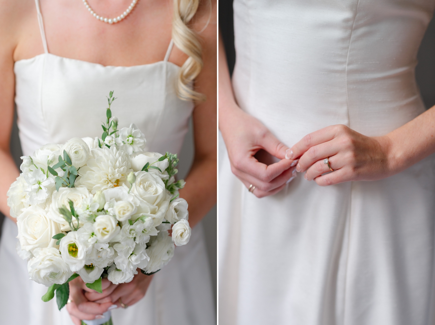 a whitel floral bouquet held by a bride as she gets ready for her Ottawa tented wedding